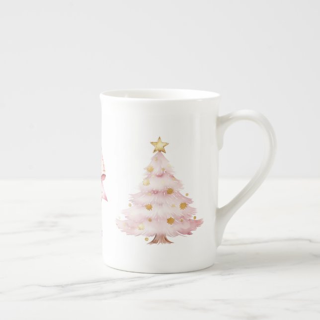 Caneca De Porcelana Arco de Árvore de Natal Rosa (Direita)