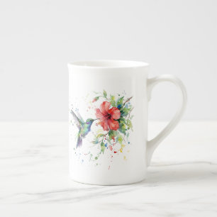 Caneca De Porcelana Arte Floral Colorida de Beija-flor em Aquarela da 