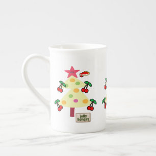 Caneca De Porcelana Árvore Feliz Natal, Cerejas de Feriado Alegre