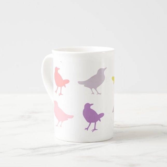 Caneca De Porcelana Aves de Pastel, rosa e púrpura, com Aves (Frente Esquerda)