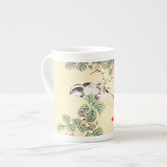 Caneca De Porcelana Aves e Rosas Imao Keinen Ukiyo-e flores Japão (Frente Esquerda)
