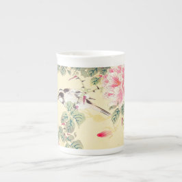 Caneca De Porcelana Aves e Rosas Imao Keinen Ukiyo-e flores Japão