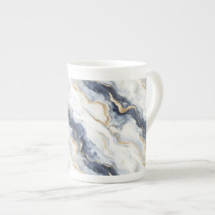 Caneca De Porcelana Azul Branco Dourado Abstrato Ondulado