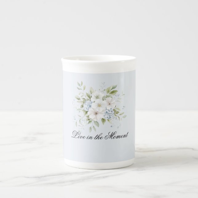 Caneca De Porcelana Azul Celeste Floral Branco Pálido (Frente)