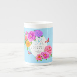 Caneca De Porcelana Azul do Jardim dos Monogramas românticos