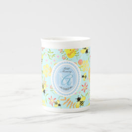 Caneca De Porcelana Azul Pastel de Abelhas