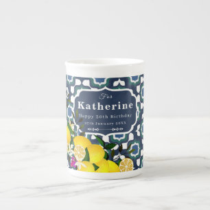 Caneca De Porcelana Azulejos Mediterrâneos de Limão Azul Marinho Branc