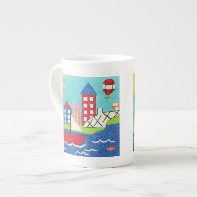 Caneca De Porcelana Balão de vela e ar quente com paisagem urbana (Frente Esquerda)
