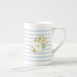 Caneca De Porcelana Banda Azul Chic Floral Monograma