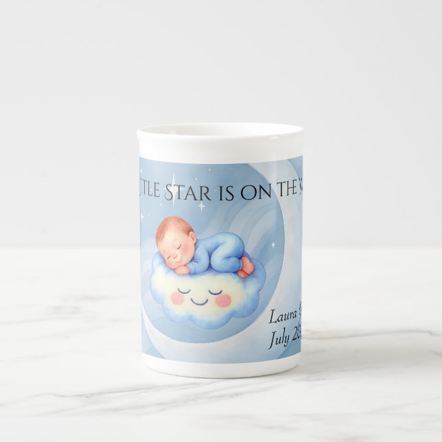 Caneca De Porcelana Bebê Chá Convidar Estrelas à Lua Aquarela (Frente)