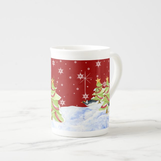 Caneca De Porcelana Bebês de Urso Polar de Pinguim-Reverno na Neve (Frente Esquerda)