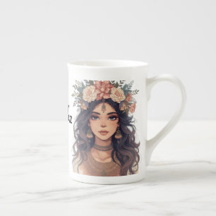 Caneca De Porcelana Bela Garota de Anime Floral – Estética Pastel Suav