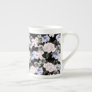 Caneca De Porcelana Belo Padrão Floral Rosas Iris Azul Rosa