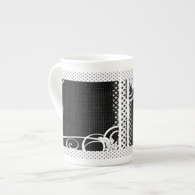 Caneca De Porcelana Black and White Swirl Floured Grid Bone China Mug (Frente Esquerda)