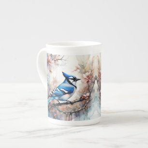Caneca De Porcelana Blue Jay Cherry Blossoms aquarela