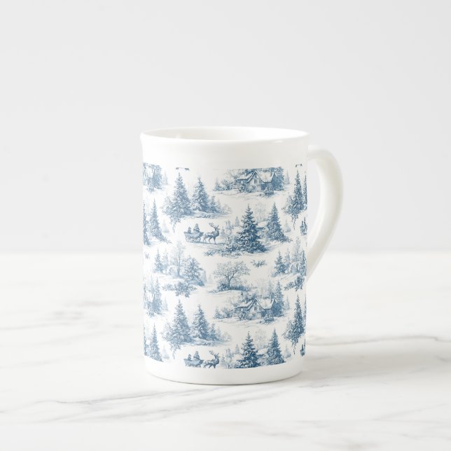 Caneca De Porcelana Blue Toile Christmas Pattern  (Frente Esquerda)