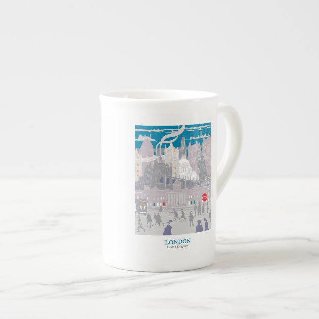 Caneca De Porcelana Bone China London Skyline Blue Cinza (Frente Esquerda)