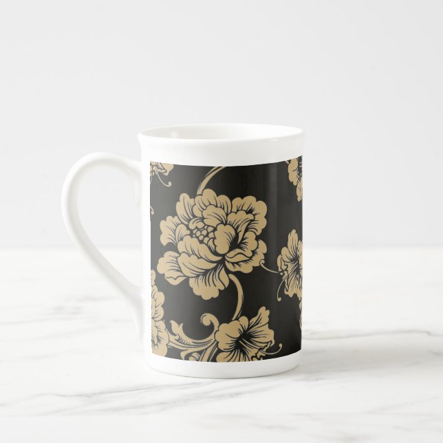 Caneca De Porcelana Bone China Mug Black Floral (Esquerda)