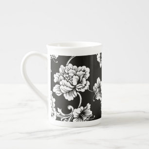Caneca De Porcelana Bone China Mug Black & White Floral