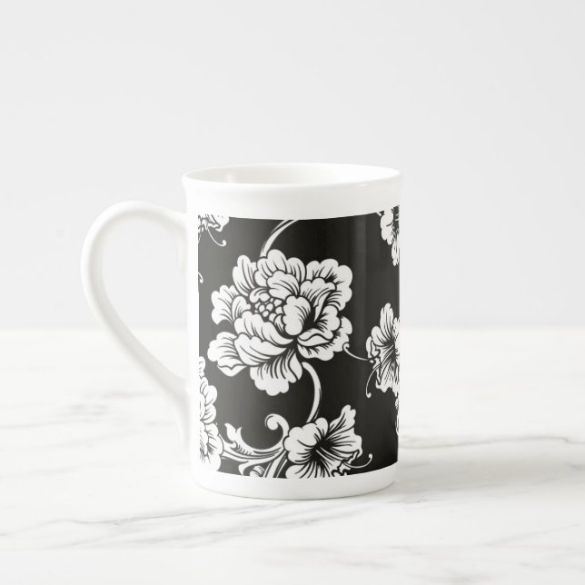 Caneca De Porcelana Bone China Mug Black & White Floral (Esquerda)