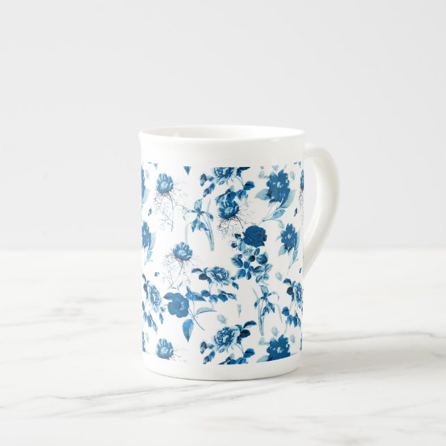 Caneca De Porcelana Bone China Mug Blue Floral (Frente Esquerda)