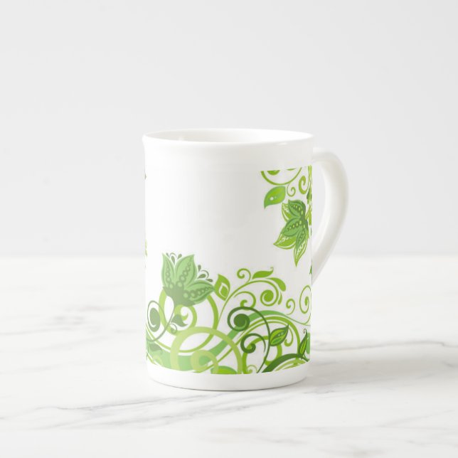 Caneca De Porcelana Bone China Mug Green Floral (Frente Esquerda)