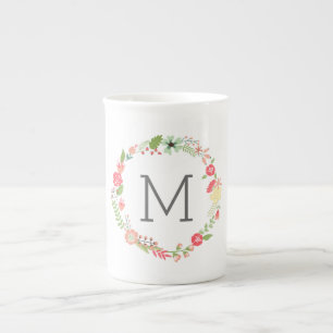 Caneca De Porcelana Bonito Monograma Floral Bone China Mug