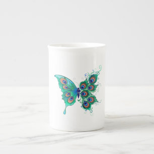 Caneca De Porcelana Borboleta com Penas de Pavão Verde