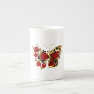 Caneca De Porcelana Borboleta de flor vermelha com rosas vermelhas