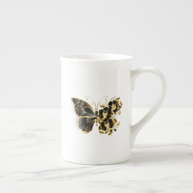 Caneca De Porcelana Borboleta Flor Dourada com Orquídea Preta (Direita)