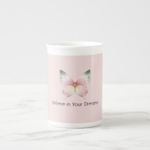 Caneca De Porcelana Borboleta Verde Rosa Branco Menta