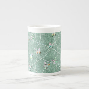 Caneca De Porcelana Borboletas em Verde-Menta em Aquarela