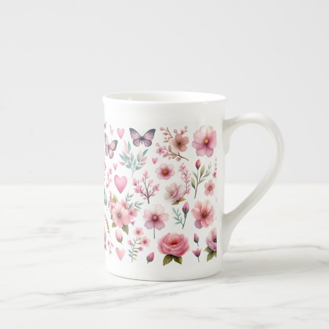 Caneca De Porcelana Borboletas Florais Femininas Rosa (Direita)