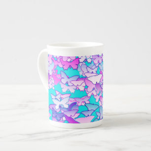 Caneca De Porcelana Borboletas, violeta e turquesa