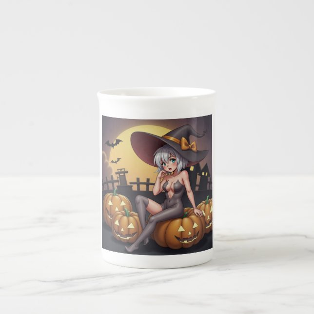 Caneca De Porcelana Bruxa do Halloween Olho Verde no Jack-O-Lantern (Frente)