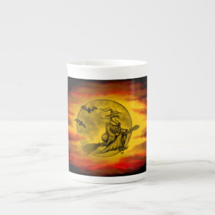 Caneca De Porcelana bruxa voadora com gato preto, noite de halloween