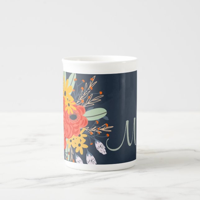 Caneca De Porcelana Buquê Floral Moderno - Azul (Frente)