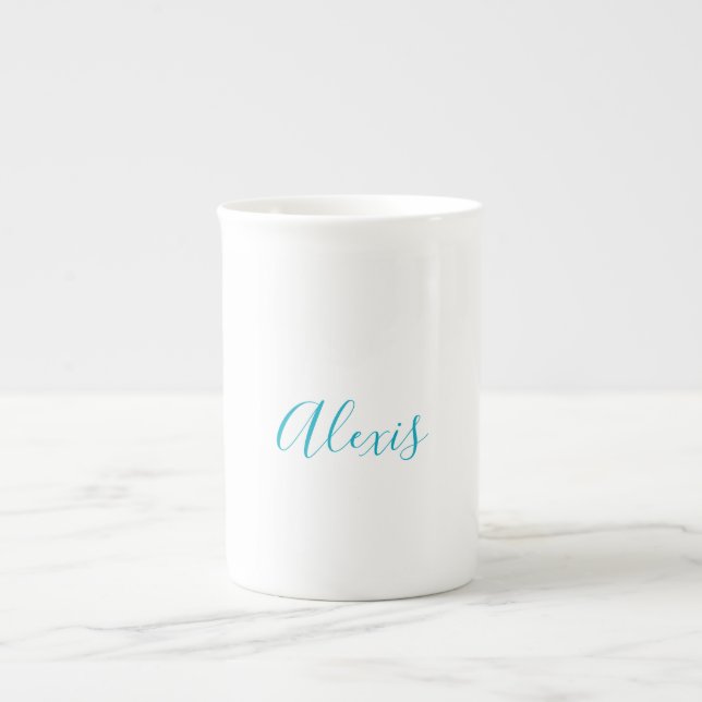 Caneca De Porcelana Caligrafia de Nome Script Simples Branco Azul (Frente)