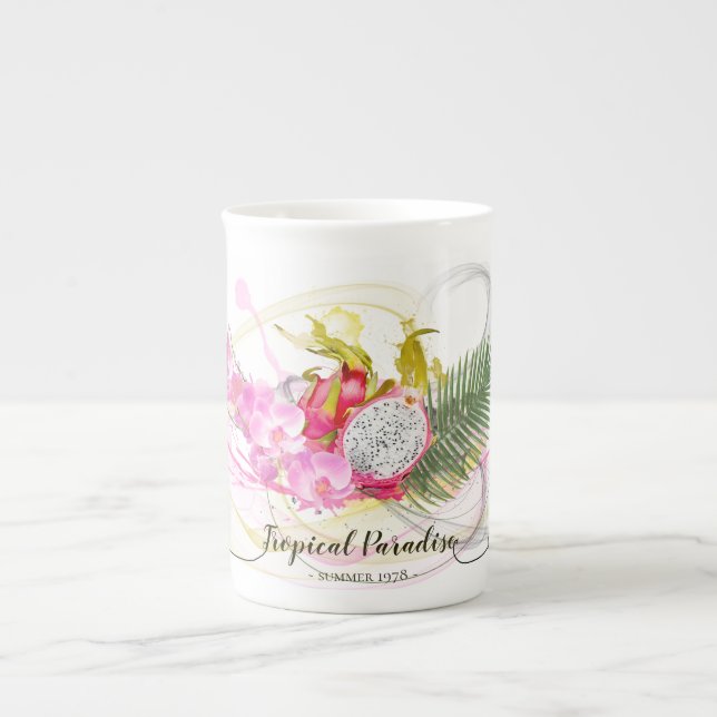 Caneca De Porcelana Caligrafia tropical entre Frutas de dragões e orqu (Frente)