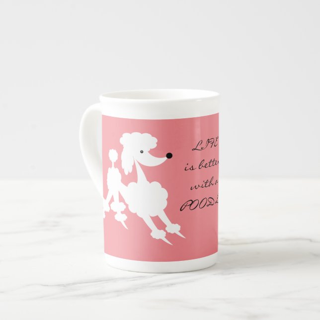 Caneca De Porcelana Caniche branca no fundo Salmon (Frente Esquerda)