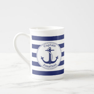 Caneca De Porcelana Capitão náutico Personalized dos azuis marinhos da