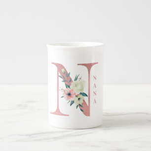 Caneca De Porcelana Carta de Flor Nana N Brilho Rosa