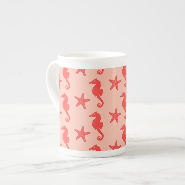 Caneca De Porcelana Cavalo-do-mar e estrelas-do-mar - tons de laranja- (Frente Esquerda)