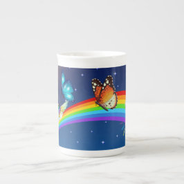 Caneca De Porcelana Céu Noturno, Dois Pássaros, Borboletas e um Arco-Í