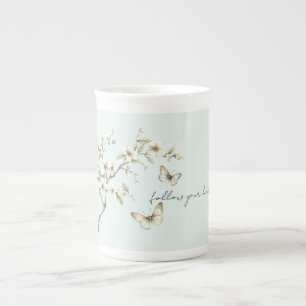 Caneca De Porcelana Chá de Noiva Borboletas Flores Brancas de Hortelã
