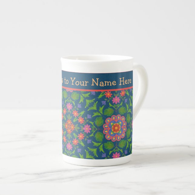 Caneca De Porcelana Chic Floral Rangoli Deep Blue Bone China Mug (Frente Esquerda)