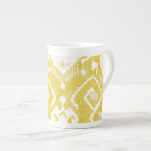 Caneca De Porcelana Chique padrão tribal ikat amarelo pastel e cinza