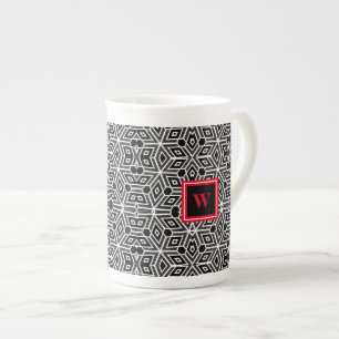 Caneca De Porcelana Cinza Negra Cubismo Branco Neo Geo com Monograma V