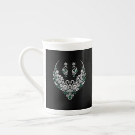 Caneca De Porcelana Cisnes de Cristal Esmeralda | Joias de Luxo