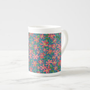 Caneca De Porcelana Clematis Pink, Red, Orange Floral em Azul Profundo